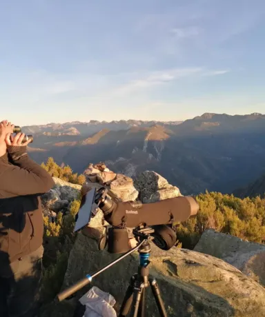 Personas observando con visores y prismáticos la ladera de un monte