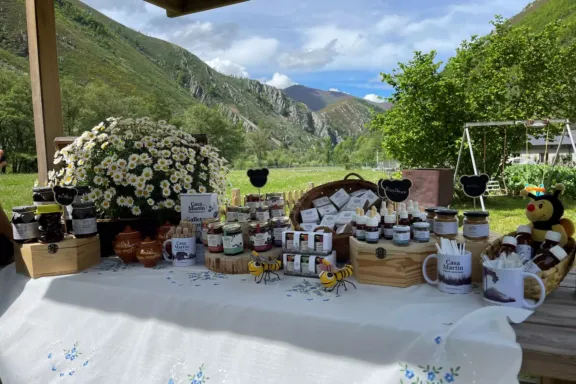 Mesa con muchos productos relacionados con las abejas y la miel