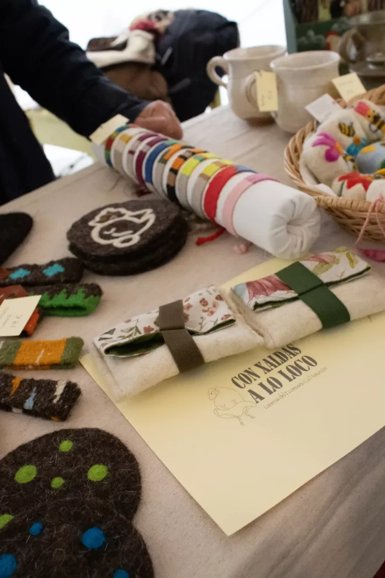 Varios productos de artesanía: pulseras, tapetes, tazas, sacos...