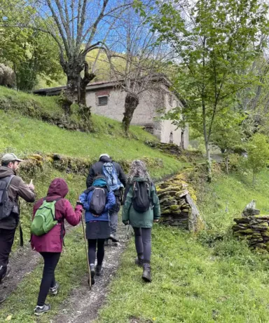 Varias personas caminando por una camino de montaña