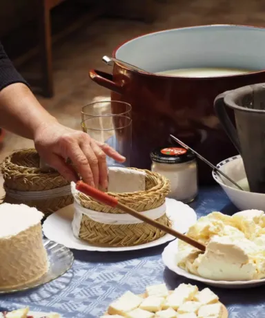 Mesa con varios ingredientes para realizar queso, y quesos ya elaborados